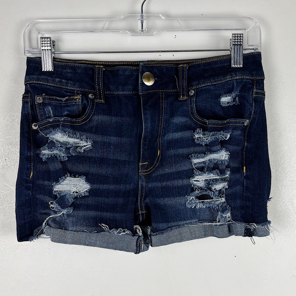 American Eagle Hi-Rise Shortie Jean Shorts Distressed Dark Blue Wash Festival 6